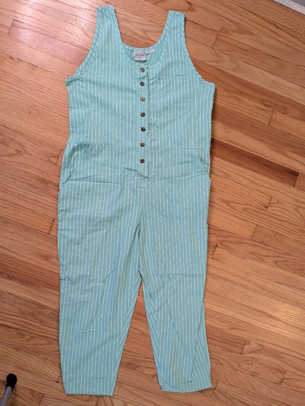 vintage 80s mint green pastel pinstripe jumpsuit playsuit Large 100% cotton